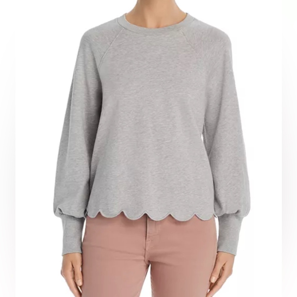 Frame Scalloped Hem Crew Neck Sweatshirt Sz Sp Bishop Sleeve Cotton Gray